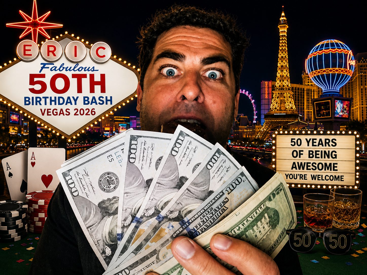 Eric holding a fan of hundred dollar bills on the Las Vegas Strip at night, next to a marquee reading Eric, Fabulous 50th Birthday Bash, Vegas 2026.