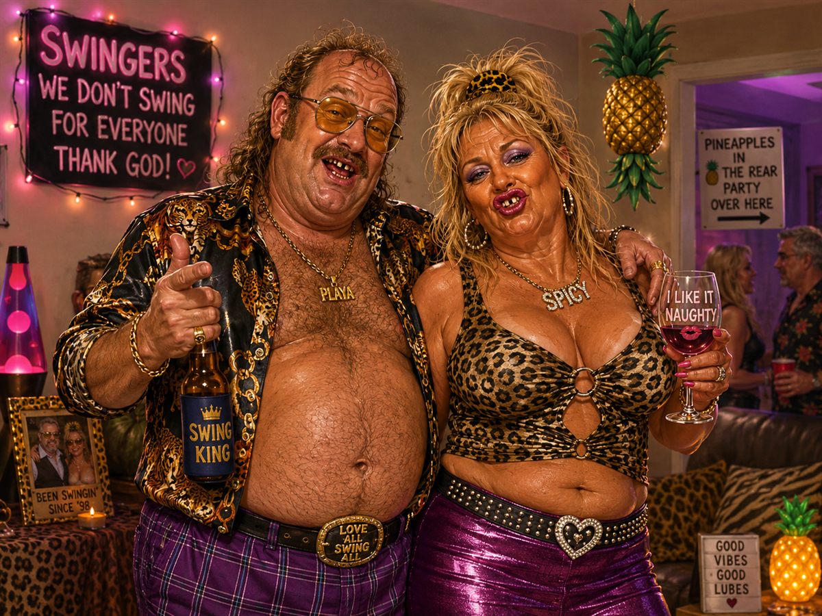 A parody swingers-convention couple in leopard print under a neon sign reading, we do not swing for everyone, thank God.